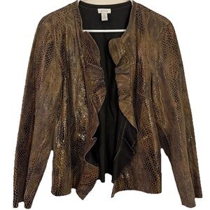 Chico’s Size 2 (Large) Leather Kelsey Animalia Jacket Snakeskin Reversible Brown